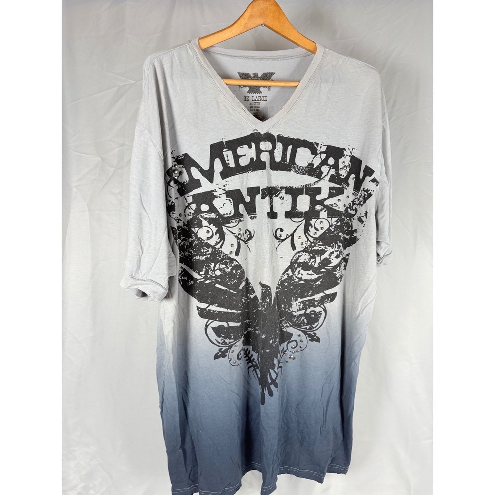 Antik Denim Mens 3XL Graphic Tee Hollywood Studded V-Neck Distressed Grey Blue